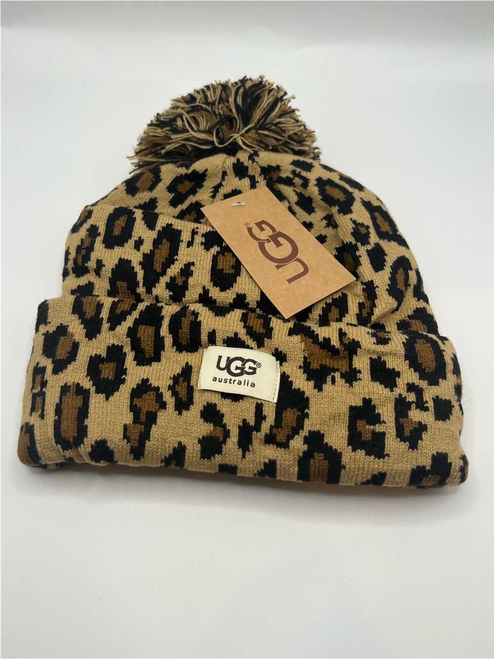 UGG Kids Leopard-Print Pom Beanie in Tan and Black